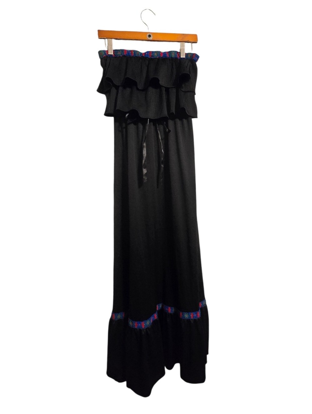 Vintage | Black Strapless Maxi Dress with Multicolor Trim